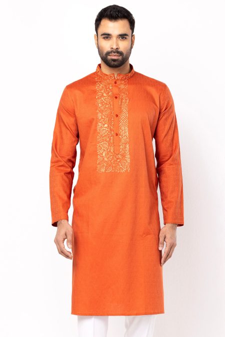 কমলা রঙের সূচিকর্ম করা সুতির পাঞ্জাবি
